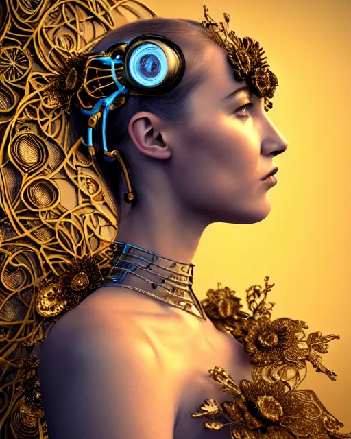 Image similar to uhd 3 d render, stunningly beautiful young teen angelic alluring biomechanical female cyborg with an obsidian profile face, rim light, big floral petals and stems, roots, fine foliage, lace, alexander mcqueen, art nouveau fashion embroidered collar, dieselpunk, gold filigree details, hexagonal mesh wire, ifs reflection, elegant, artstation trending