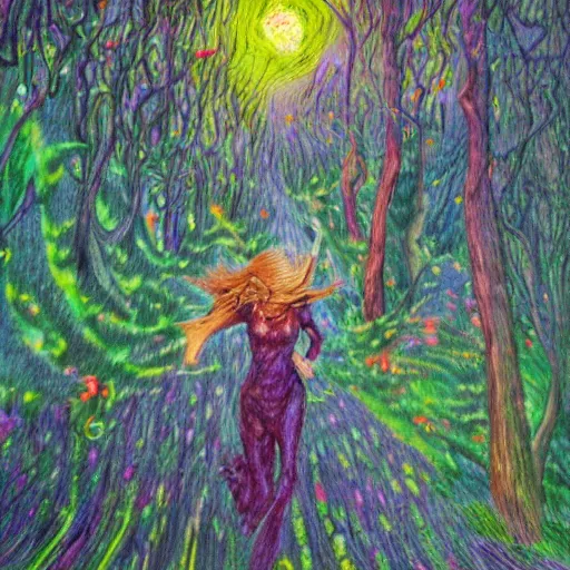 Prompt: illustration of otherworldly lunacy, running wild in the impressionist forests on nocturnal bliss