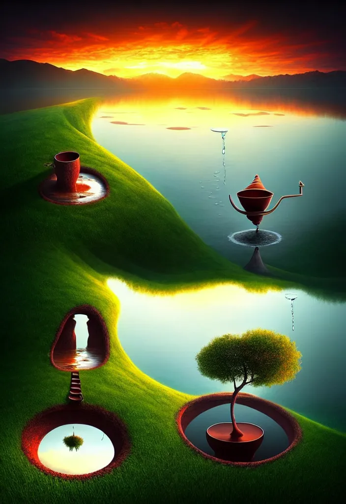 Image similar to a surreal landscape at sunset with a immense gigantic ornated iron chalice cup with a lake inside, water in excess droping by gediminas pranckevicius