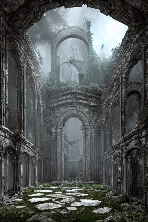 Image similar to the ruins of the crypt in the cemetery, intricate, ethereal, by luis royo, hyper detailed, weta digital, ray trace, unreal engine, trending on artist, beautifully lit, cinematic, soft light, photorealistic, volumetric, realistic, glossy, 8 k post - production, masterpiece, luxury, smooth