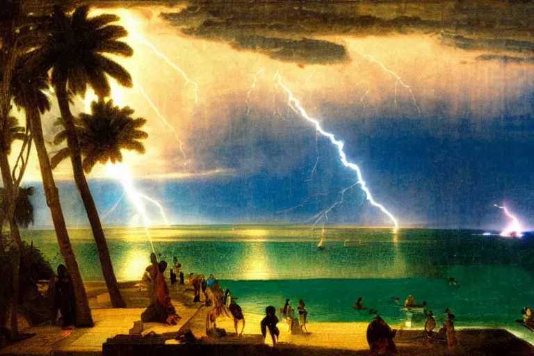 Image similar to mediterranean balustrade, refracted lightnings on the ocean, thunderstorm, greek pool, beach and Tropical vegetation on the background major arcana sky and occult symbols, by paul delaroche, hyperrealistic 4k uhd, award-winning, very detailed paradise