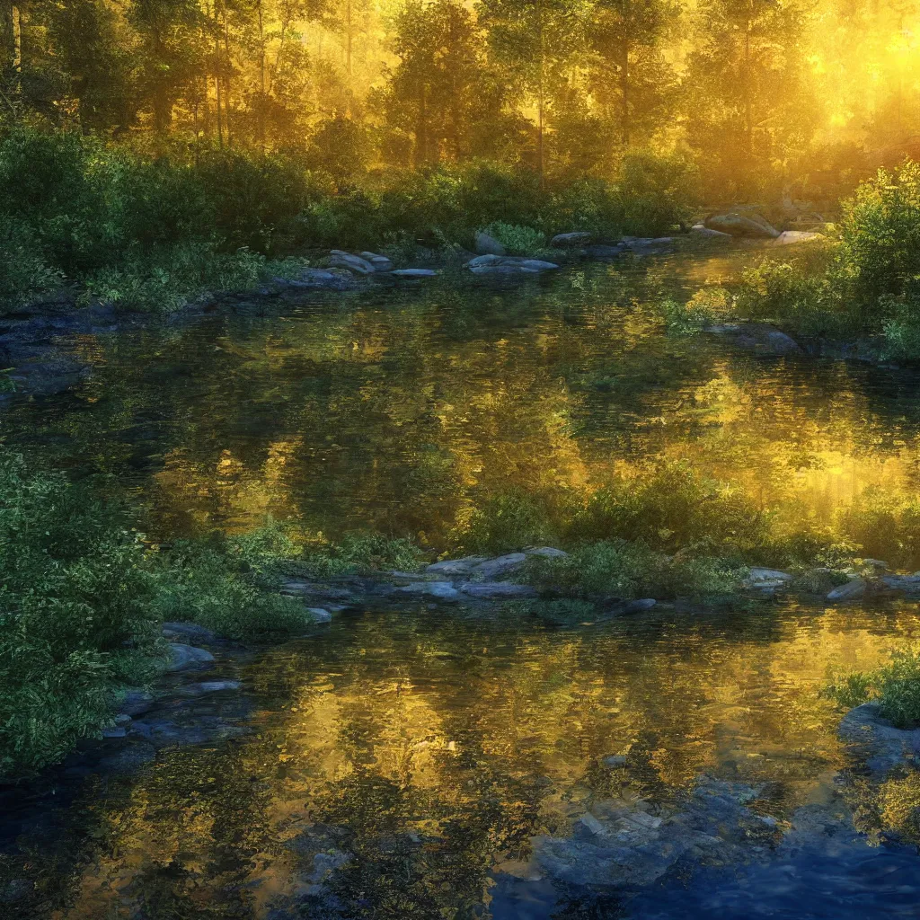 Image similar to river in a forest, golden hour, ray tracing reflection, 8 k, hyper realistic, insainly detailed, hdr, octan render