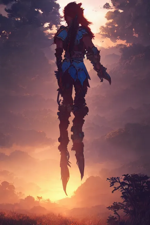 Image similar to combination suit armor aloy horizon forbidden west horizon zero dawn radiating a glowing aura global illumination ray tracing hdr fanart arstation by ian pesty and alena aenami artworks in 4 k tribal robot ninja mask helmet backpack