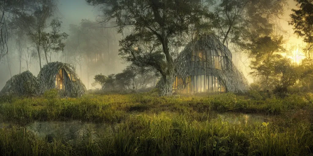 Prompt: a organic house structure made of strange plants, located in a swamp at sunrise, (mist), ultra wide angle, moebius, chillwave, futuresynth, door, windows, fireflies