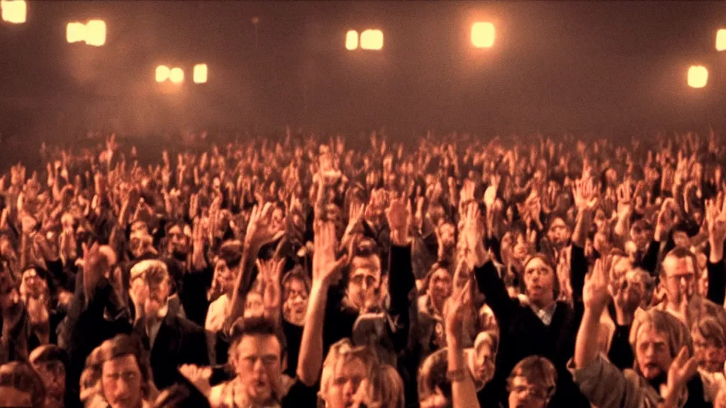 Prompt: movie still of a crowd waving hands, cinematic composition, cinematic light, by edgar wright and david lynch