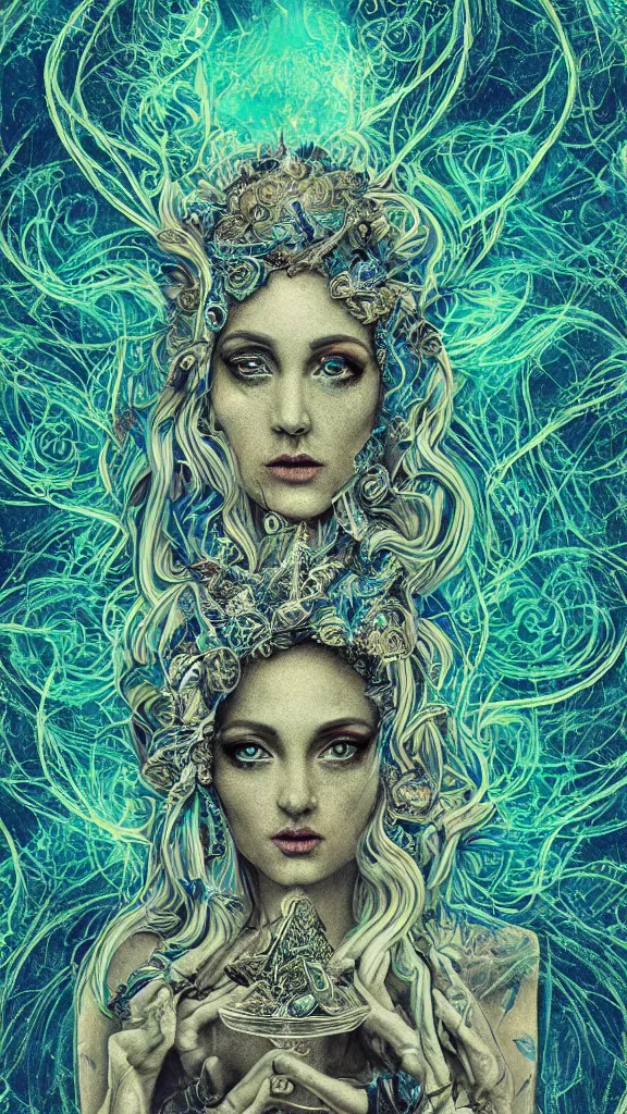 Prompt: Tarot card of the Cannabis Goddess, highly detailed portrait, psychedelic, high fantasy, teal paper, smoke swirls, ultra-detailed, ornate, elaborate, intricate metallic details, mixed media, realistic composition, point of interest at golden ratio, light from top, more darkness on bottom, high quality of sketching, highly detailed, octane render, 8k