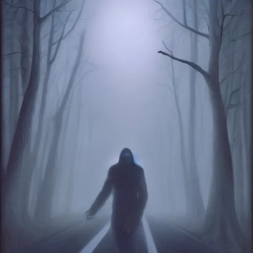 Image similar to creepy humanoid masculine silhouette hovering above a foggy road, gerald brom, horror