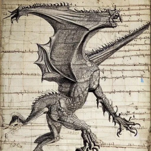 Image similar to extremely detailed anatomy sketch of a dragon with annotations by leonardo da vinci, aged parchment, scientific, technical, blueprint