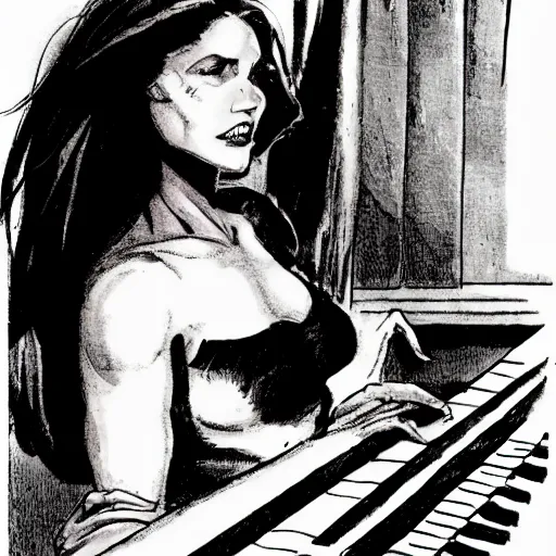 Image similar to mazikeen from sandman sitting on a piano