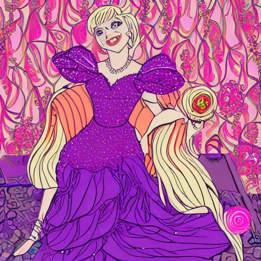 Prompt: Princess with blonde hair and bangs, wearing a fancy pink ball dress and pearl earings, holding a pink and purple flower boquet in a light pink room by Dan Mumford and Sandra Chevrier, 4k, vivid lighting