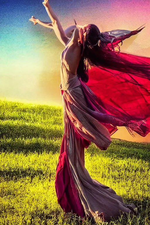 Image similar to absolutely stunning beautiful virgin dancing in summer field in dramatic lighting, dramatic shadows, dramatic details, dramatic zoom, dramatic lenses, dramatic f/x, dramatic everything, trendind everywhere, dramatic award winning dramatic digital art