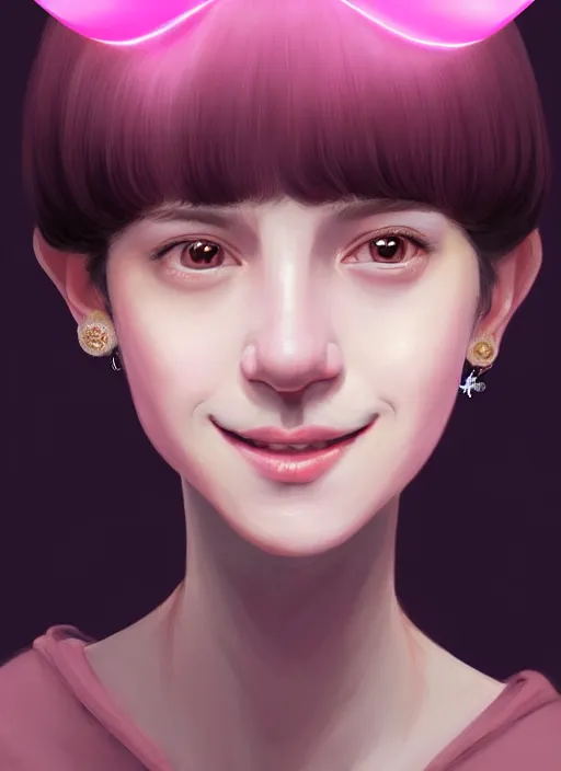 Image similar to portrait of high school girl, realistic, black hair, bangs, half updo hairstyle, pointy nose, skinny, smile, ugly, defined jawline, big chin, pink hair bow, earrings, intricate, elegant, glowing lights, highly detailed, digital painting, artstation, sharp focus, illustration, art by wlop, mars ravelo and greg rutkowski