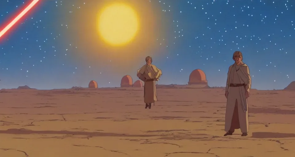 Image similar to beautiful wide shot tatooine landscape obi wan kenobi,Luke skywalker, Star Wars a new hope 1977, studio ghibli, Miyazaki, studio ghibli, Jean girard, Moebius , animation, golden hour, highly detailed, 70mm