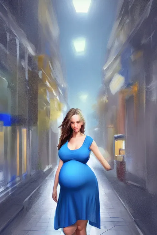 Image similar to pregnant woman in a short blue dress in night under street light, highly detailed, sharp focused, ultra realistic digital concept art by Frederick Sands Brunner