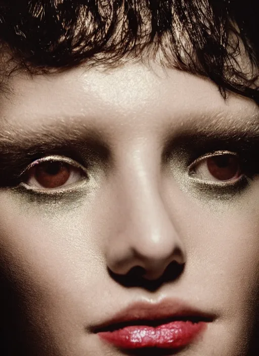 Image similar to close up of a fashion model on acid, posing in dramatic lighting, by paolo roversi, masterpiece