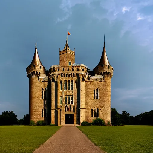 Prompt: an award winning photo by william christenberry of a majestic, highly detailed beautiful very tall castle in the middle of an empty city, light rays, rayleigh scattering