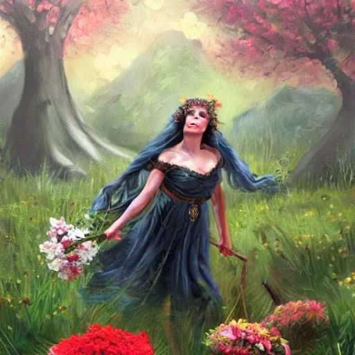 Image similar to a beautiful oil painting of Circe the witch picking up flowers, detailled, HD, realistic