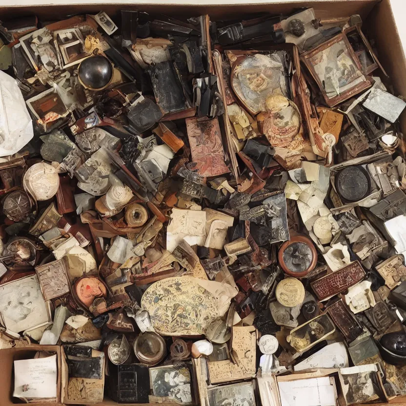 Image similar to a box of rare and valuable objects, various sizes, indoors, photograph