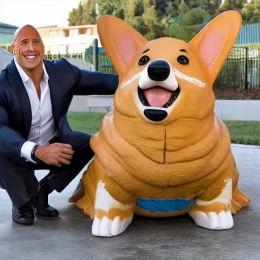 Image similar to photo of dwayne johnson riding a giant corgi, highly - detailed, sharp focus, award - winning