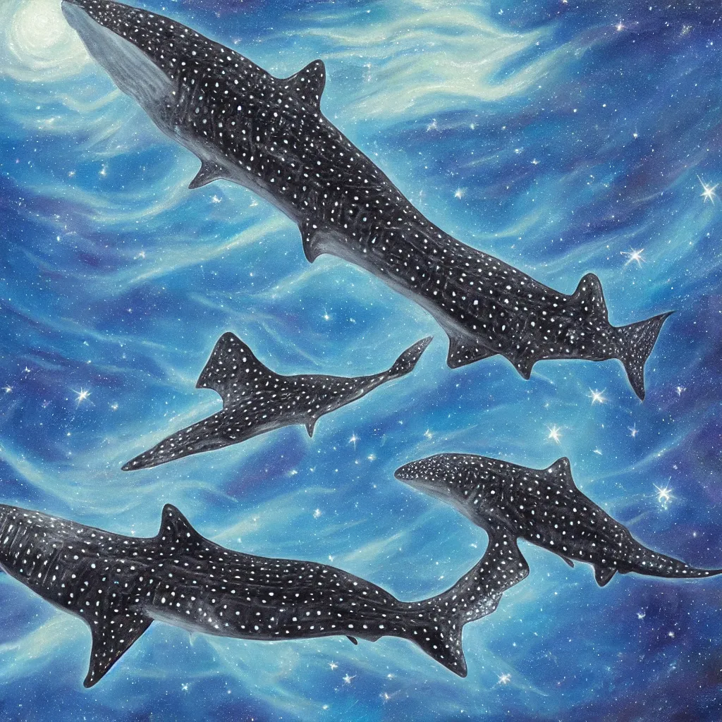 Image similar to oil painting of a whale shark flying in front of a swirling galaxy, shimmering stars, milky way