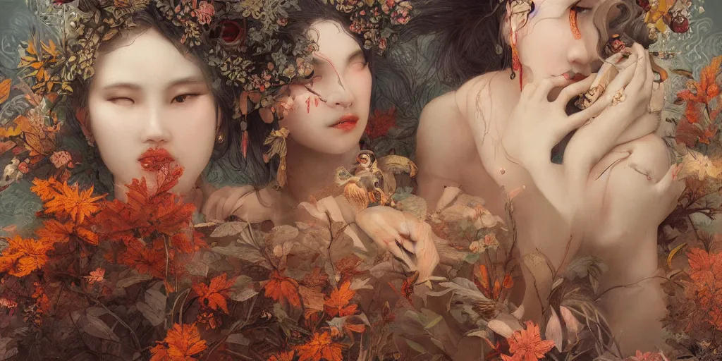 Prompt: breathtaking detailed concept art painting blend of two goddess of autumn by hsiao - ron cheng with anxious piercing eyes, vintage illustration pattern with bizarre compositions blend of flowers and fruits and birds by beto val and john james audubon, exquisite detail, extremely moody lighting, 8 k