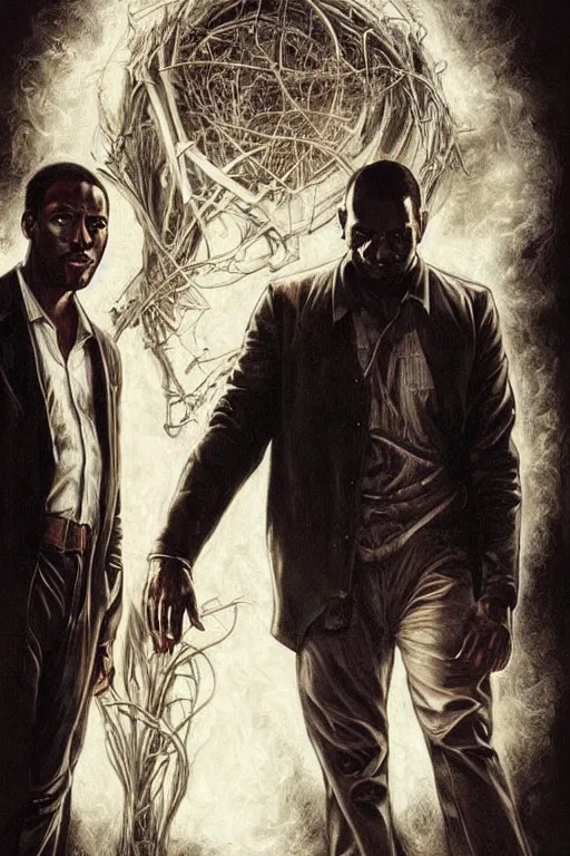 Image similar to a man in a brown leather jacket and a black man in a white shirt. in the style of of true detective fanfare. art by tomasz alen kopera and glenn fabry.