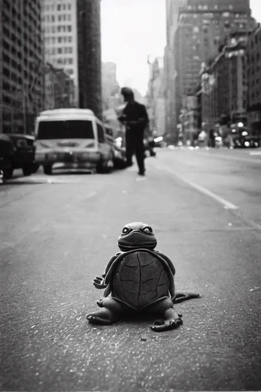 Image similar to photo polaroid of a ninja turtle in the middle of a New York street, loneliness, war, black and white ,photorealistic, 35mm film,