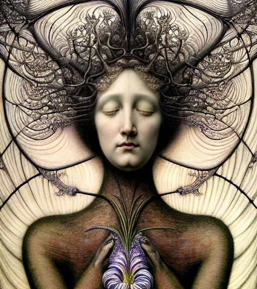 Image similar to detailed realistic beautiful tulip goddess face portrait by jean delville, gustave dore, iris van herpen and marco mazzoni, art forms of nature by ernst haeckel, art nouveau, symbolist, visionary, gothic, neo - gothic, pre - raphaelite, fractal lace, intricate alien botanicals, ai biodiversity, surreality, hyperdetailed ultrasharp octane render