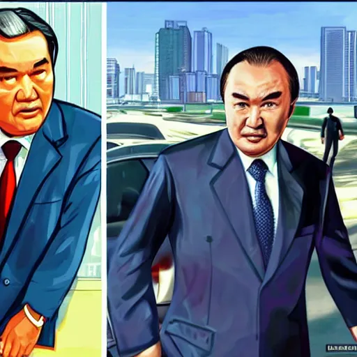 Image similar to Nursultan Nazarbayev in style of a GTA poster