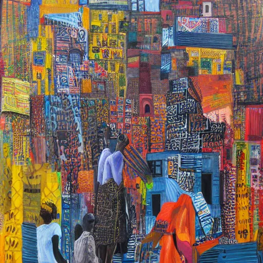Prompt: african colonial city, bright and colourful, highly detailed, saturation, vibrant, proportionate facial details, acrylic, oil paint inspired by the works of julie mehretu