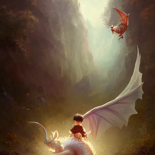 Image similar to a whimsical portrait of a little baby angel riding on a cute dragon pet by Greg Rutkowski, Sung Choi, Mitchell Mohrhauser, Maciej Kuciara, Johnson Ting, Maxim Verehin, Peter Konig, final fantasy, Marco lense, photorealistic 8k, cinematic lighting, HD, high detail, atmospheric, trending on artstation