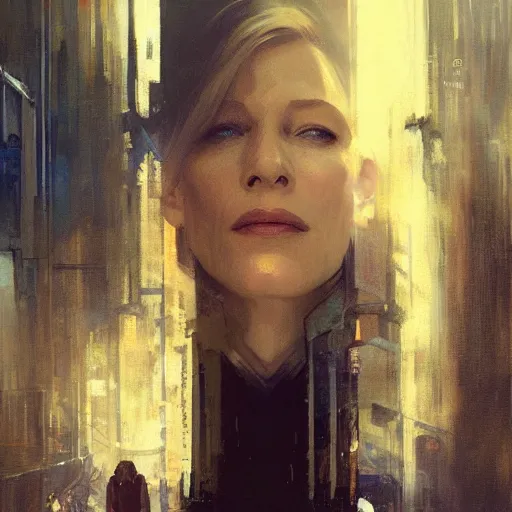 Image similar to cate blanchett, hyperrealistic portrait, bladerunner street, art of elysium by jeremy mann and alphonse mucha, fantasy art, photo realistic, dynamic lighting, artstation, poster, volumetric lighting, very detailed face, 4 k, award winning