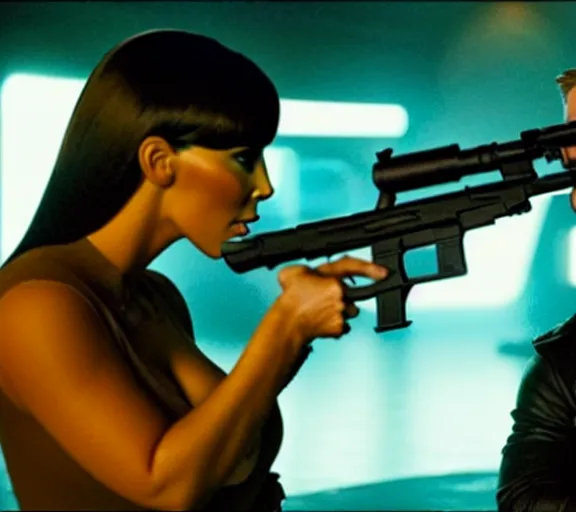Prompt: a movie still of kim kardashian aiming a gun with ryan gosling in the movie blade runner 2 0 4 9