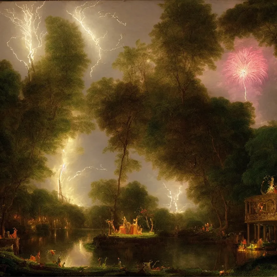 Image similar to a night carnival around a magical in a summer storm, tree cavity with a music scenario with many fireworks and christmas lights, next to a lake with iridiscent lake water, volumetric lightning, folklore people disguised with fantastic creatures in a magical forest by summer night, masterpiece painted by thomas cole, scene by dark night environment, refraction lights, five star stories