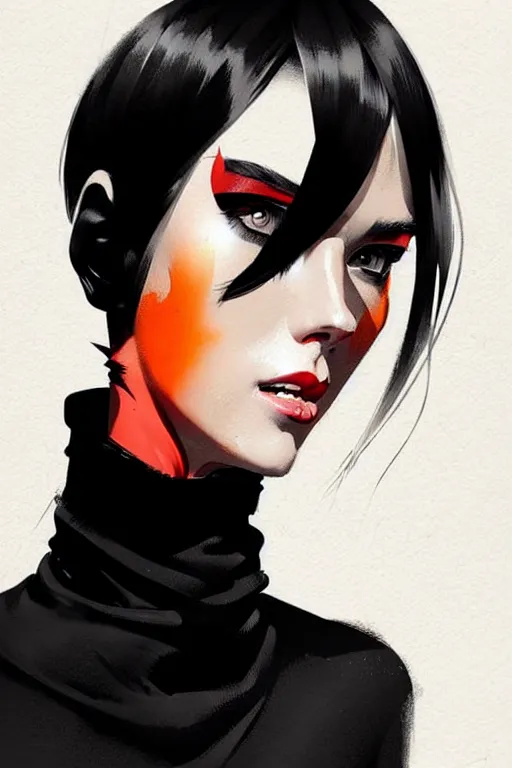 Prompt: a ultradetailed half body painting of a stylish woman in a black turtleneck by conrad roset, greg rutkowski and makoto shinkai trending on artstation