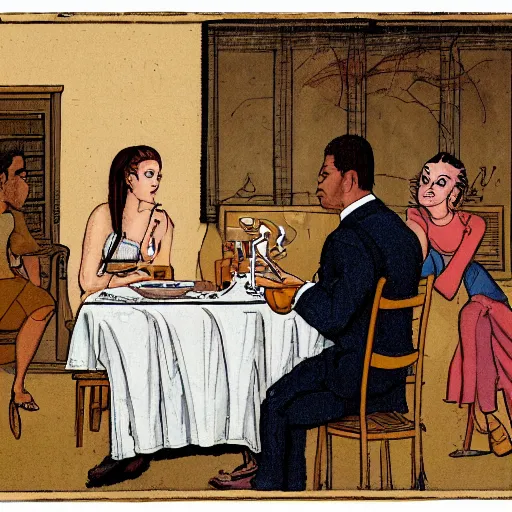 Prompt: The digital art depicts two people, a man and a woman, sitting at a table. The man is looking at the woman with a facial expression that indicates he is interested in her. The woman is looking at the man with a facial expression that indicates she is not interested in him. There is a lamp on the table between them. cell shading, goldenrod by Peter Kemp, by Alex Prager loose