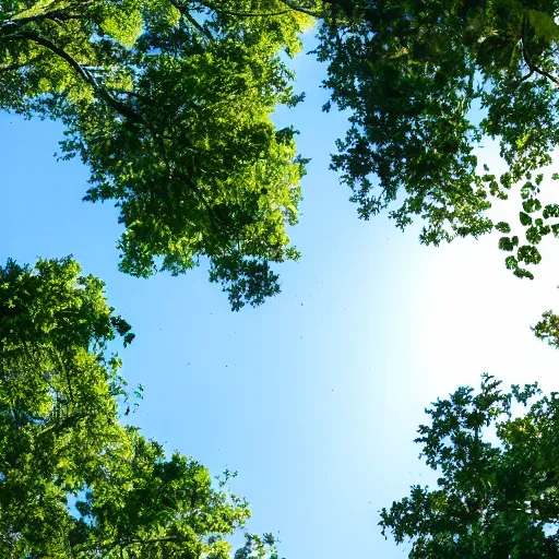 Image similar to looking up into the tree canopy seeing the blue sky