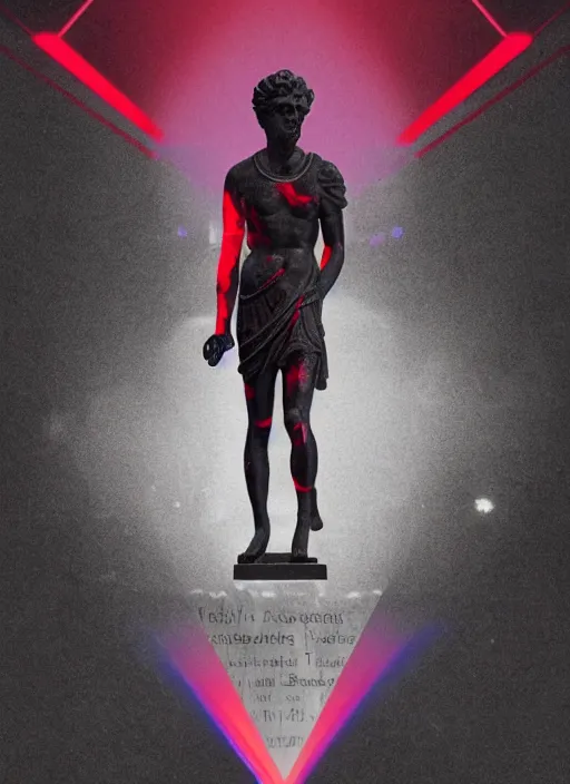 Image similar to design poster showing a statue of marcus aurelius, black background with very subtle red and purple design elements, gradients, powerful, nekro, guido crepax, graphic design, collage art, thin lines, dark, glitch art, neo vaporwave, gritty, layout frame, square, trending on artstation