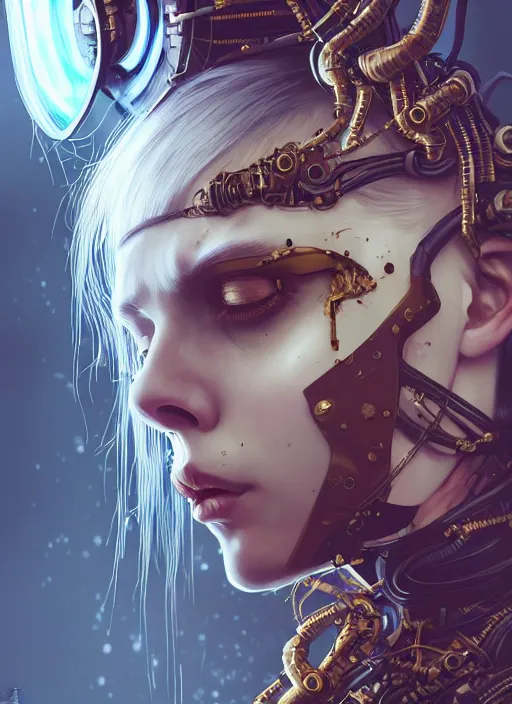 Image similar to soft lustrous hard tech ivory biotech raver gutter punk cyborg bioweapon, golden ratio, details, sci - fi, dark fantasy, cyberpunk, intricate, decadent, ornate, highly detailed, digital painting, octane render, 8 k, artstation, concept art, smooth, sharp focus, illustration, art by artgerm, loish, wlop