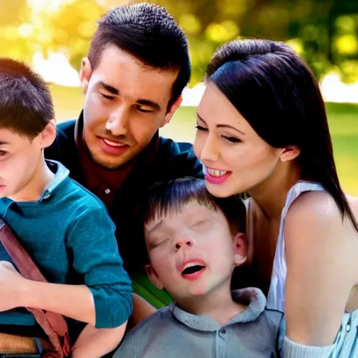 Prompt: a handsome young family with a mind destroying robotic young boy, scene from a future world where nanotechnology is ubiquitous