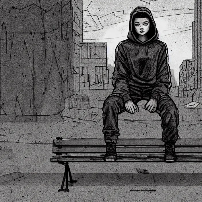 Prompt: sadie sink in hoodie sits on bench in ruined square, pedestrians walk by. background of old soviet monument and pedestrians. storyboard, scifi cyberpunk. by gabriel hardman, joe alves, chris bonura. cinematic atmosphere, detailed and intricate, perfect anatomy