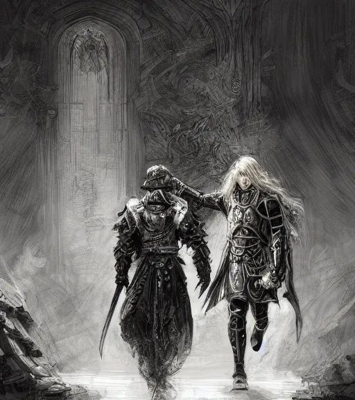 Prompt: long blond hair man in armor with another man with long blong hair tyed up with black robes, pen and ink, intricate line drawings, by craig mullins, ruan jia, kentaro miura, greg rutkowski, loundraw