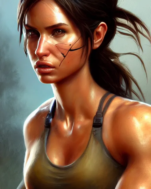 Image similar to lara croft, perfect face, beige halter top, abs, cinematic, stunning, athletic, strong, agile, highly detailed, psychedelic, digital painting, artstation, smooth, hard focus, illustration, art by jessica rossier and and brian froud