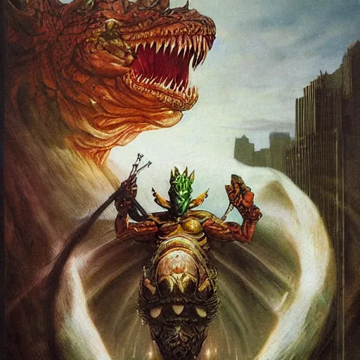 Prompt: portrait of immense, majestic, surreal, terrifying yoshi from super smash standing triumphant over the city, perfectly clear face, by j. c. leyendecker, bosch, and beksinski