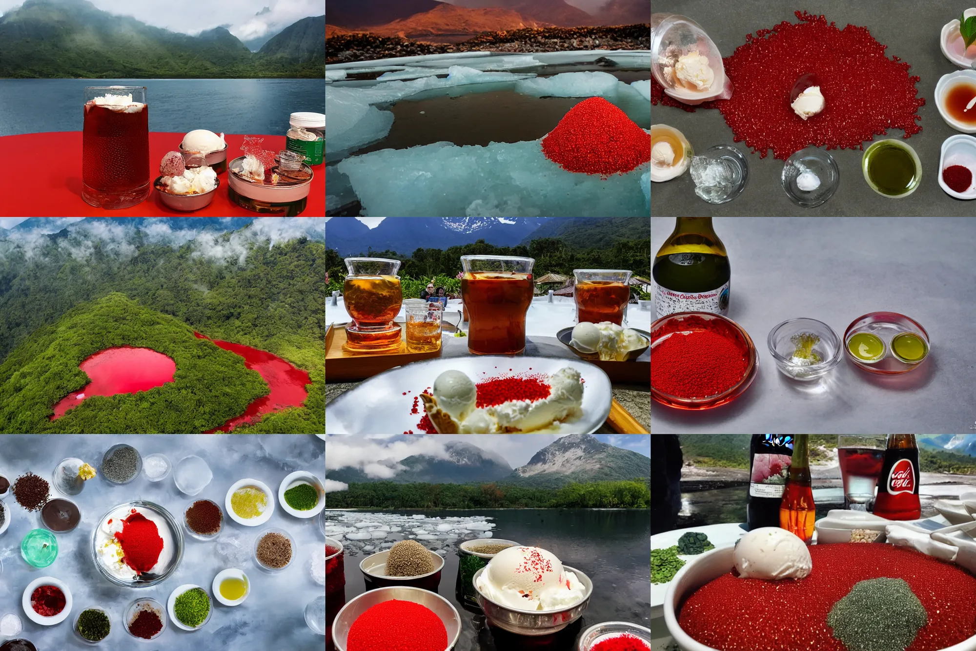 Prompt: a large island of red caviar in the center of which there are mountains with ice cream ( green house ingredient sdn bhd ), instead of coca cola water ( barley tea - boricha or mugicha, salt lakritssglass med bjornbar 2 )