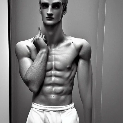 Image similar to “a realistic detailed photo of a guy who is an attractive humanoid who is half robot and half humanoid, who is a male android, Jack Laugher, shiny skin, posing like a statue, blank stare”