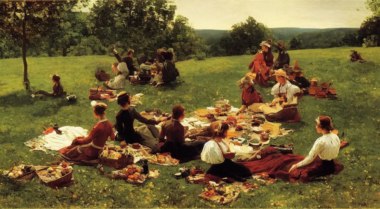 Image similar to the picnic, in Pennsylvania, 1850, painting by Winslow Homer, oil on canvas