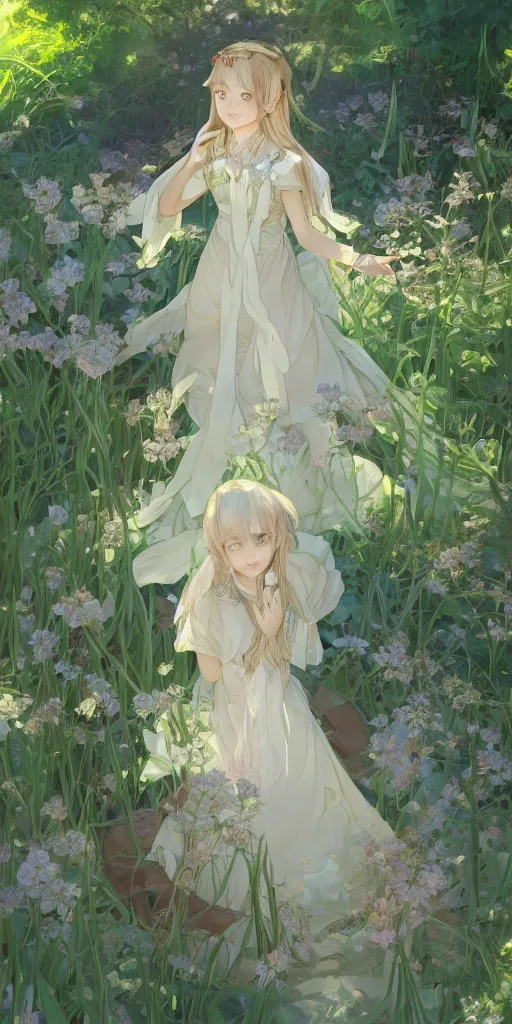 Prompt: a digital art of a loli with long hair in a dress in the privet garden at after noon, green and warm theme, back lighting, by krenz cushart and mucha and akihito yoshida and greg rutkowski and makoto shinkai, graphic design, detailed eyes, 4 k resolution, trending on art station