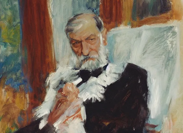 Image similar to a highly detailed beautiful portrait of sigmun freud wearing tutu, by gregory manchess, james gurney, james jean