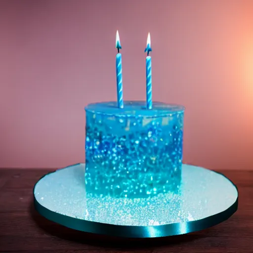 Prompt: a hd high quality photo of a cast glass birthday cake made of cast glass, 8k, photography, studio lighting